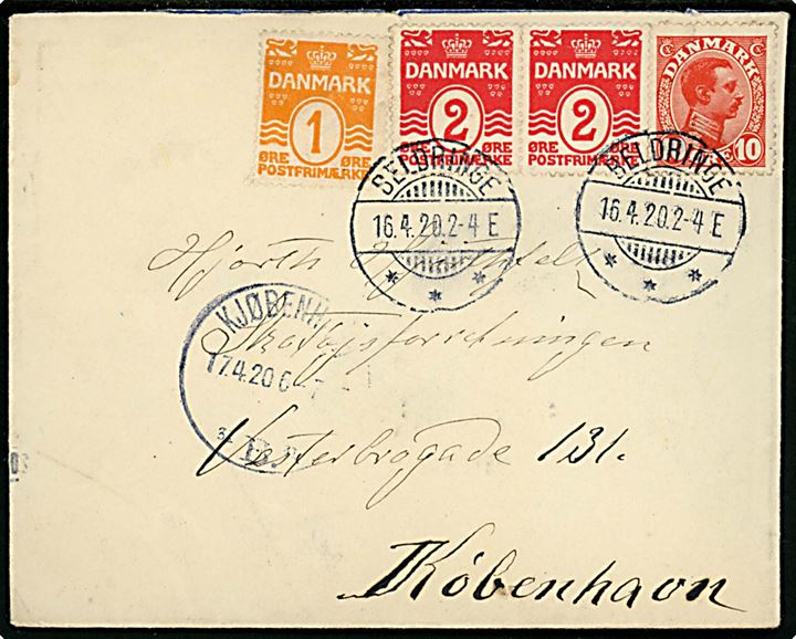 1 øre, 2 øre (par) Bølgelinie og 10 øre Chr. X på brev annulleret med brotype Ia Beldringe d. 16.4.1920 til Kjøbenhavn.