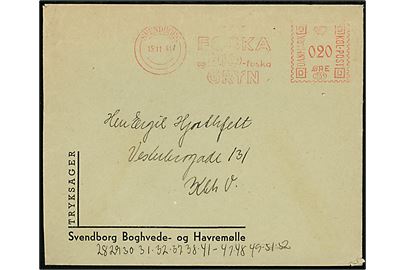20 øre firmafranko FOSKA og BIO-Foska GRYN på tryksag fra Svendborg Boghvede- og Havremølle i Svendborg d. 15.11.1941 til København.
