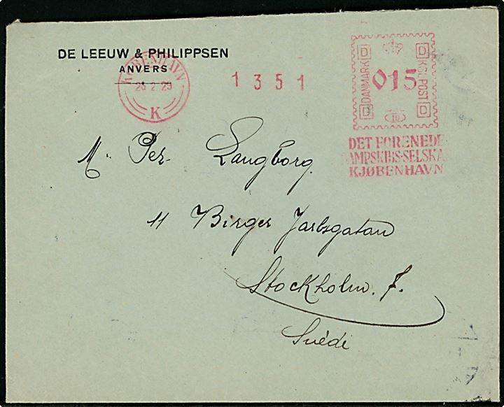 15 øre Firmafranko fra DFDS i København d. 26.2.1929 på brev fra Anvers, Belgien til Stockholm, Sverige.