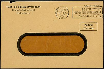 Ufrankeret fortrykt postsags rudekuvert - T.Form. Nr. 4045 (1/4 29) - fra Regnskabskontoret i København d. 12.12.1929