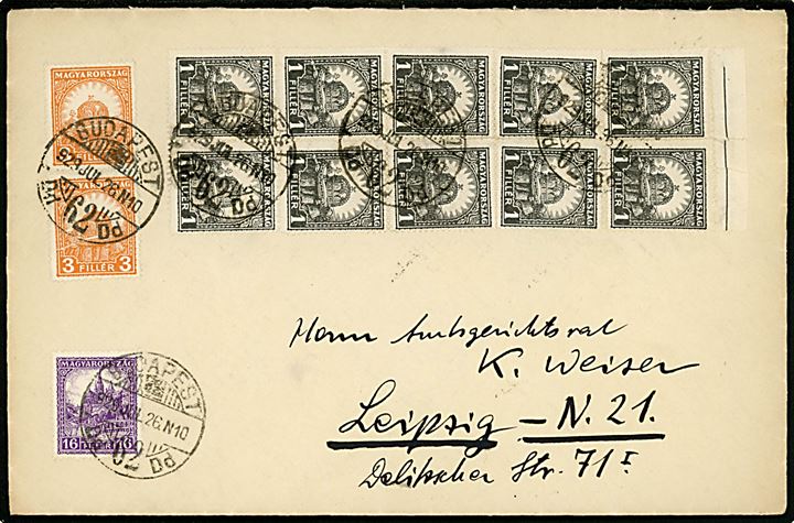 1 f. (10), 3 f. (2) og 16 f. på brev fra Budapest d. 26.7.1929 til Leipzig, Tyskland.