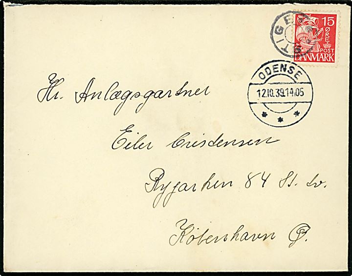 15 øre Karavel på brev annulleret med udslebet stjernestempel STIGE (Type 1) og sidestemplet Odense d. 12.10.1939 til København.
