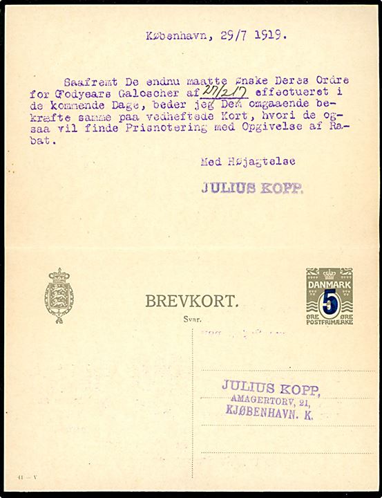5/3 øre + 5/3 øre provisorisk dobbelt helsagsbrevkort (fabr. 41-V) sendt lokalt i Kjøbenhavn d. 30.7.1919. Vedhængende ubenyttet svardel. 