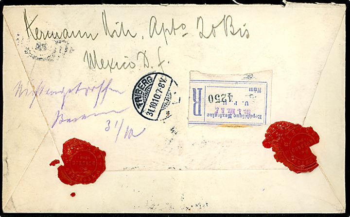 2 c., 4 c., 5 c. og 10 c. på blandingsfrankeret anbefalet brev fra Mexico City f. 16.10.1910 til Triberg, Tyskland. 