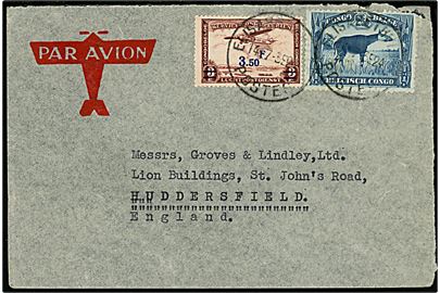 2,50 fr. Tapir og 3,50/3 fr. Luftpost provisorium på luftpostbrev fra Elisabethville d. 14.7.1939 til Huddersfield, England.