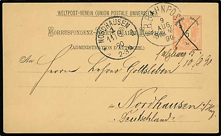 Østrigsk 5 kr. helsagsbrevkort fra Salzburg annulleret med blækkryds og sidestemplet med bayersk bureaustempel K.B.Bahnpost d. 9.8.1890 til Nordhausen, Tyskland.