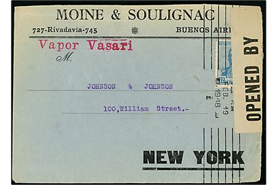 12 c. på brev fra Buenos Aires d. 19.2.1918 til New York, USA. Rødt dirigeringsstempel Vapor Vasari. Åbnet af amerikansk censur med censor stempel no. 124