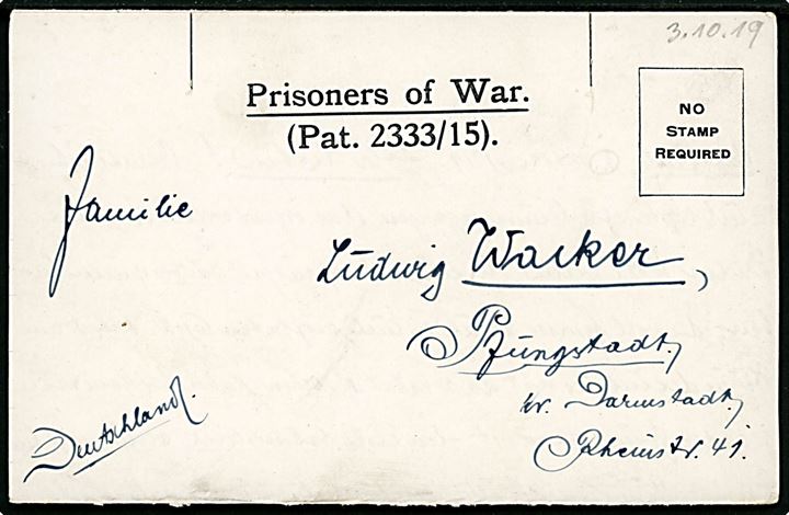 Ufrankeret fortrykt krigsfange foldebrev fra tysk krigsfange dateret d. 3.10.1919 til Darmstadt, Tyskland. På bagsiden violet afs.-stempel P/W No. (1248) / (Waiker) / CATTERICK, YORKS. HÜTTE (F3) / ENGLAND
