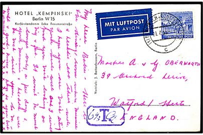 30 pfg. single på underfrankeret luftpostkort stemplet Berlin Charlottenburg d. 21.7.1955 til Watford, England. Violet T-stempel påskrevet 6 2/3 cts.