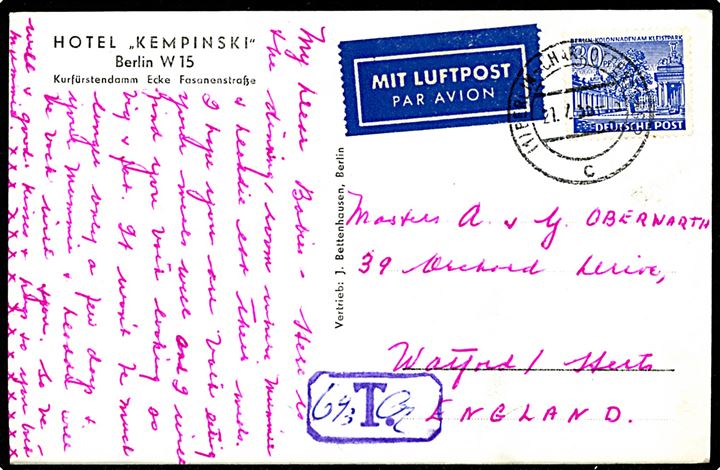 30 pfg. single på underfrankeret luftpostkort stemplet Berlin Charlottenburg d. 21.7.1955 til Watford, England. Violet T-stempel påskrevet 6 2/3 cts.