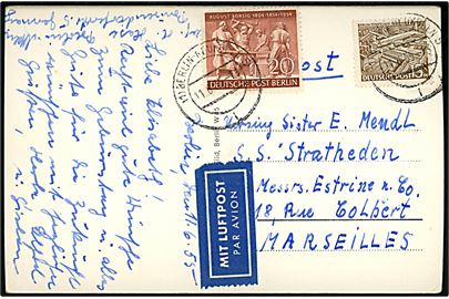 20 pfg. Borsig og 15 pfg. Luftpost på luftpost brevkort fra Berlin-Charlottenburg d. 11.6.1955 til passager ombord på S/S Stratheden i Marseilles, Frankrig.