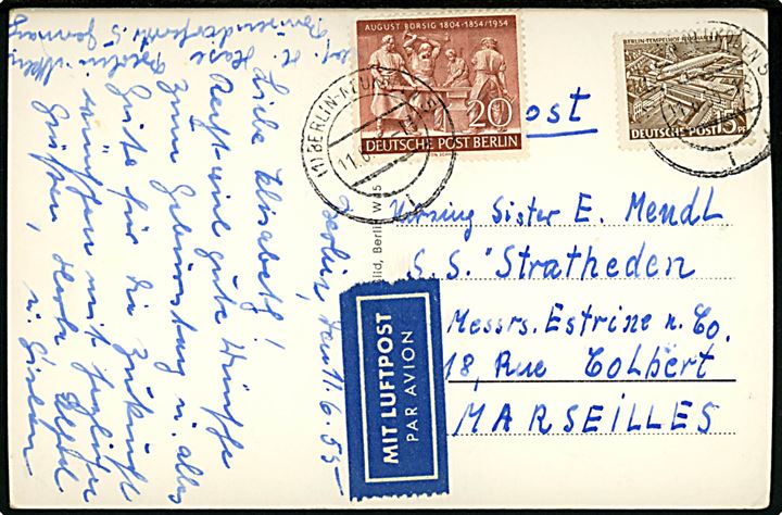 20 pfg. Borsig og 15 pfg. Luftpost på luftpost brevkort fra Berlin-Charlottenburg d. 11.6.1955 til passager ombord på S/S Stratheden i Marseilles, Frankrig.