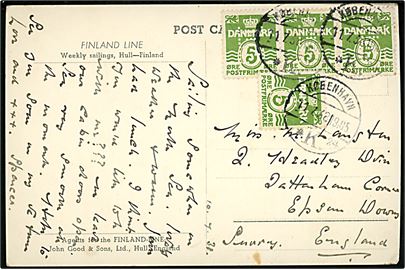 5 øre Bølgelinie (4) med perfin F.T. (Shipping Agent Franck & Tobiesen) på brevkort fra Finland Line dampskib S/S Ilmatar skrevet i Nordsøen og annulleret København d. 11.7.1938 til England.