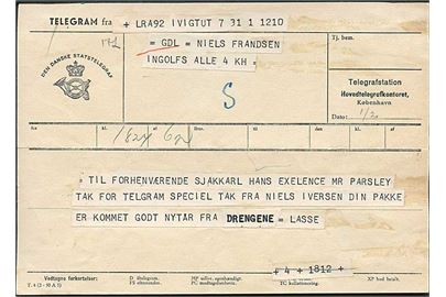 Telegram T.4 (2-50 A5) modtaget af Hovedtelegraf-kontoret i København fra Ivigtut d. 1.2. (1951) til København. 
