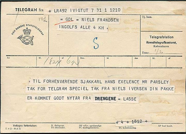 Telegram T.4 (2-50 A5) modtaget af Hovedtelegraf-kontoret i København fra Ivigtut d. 1.2. (1951) til København. 