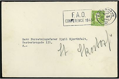 15 øre Chr. X single på lokalbrev annulleret med TMS F.A.O. Conference 1946/København K. d. 11.9.1946.