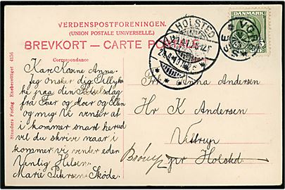 5 øre Fr. VIII på brevkort (Kalbygaard) annulleret med stjernestempel VORBASSE og sidestemplet Lunderskov d. 28.4.1910 til Vittrup pr. Holsted - omadresseret til pr. Brørup.