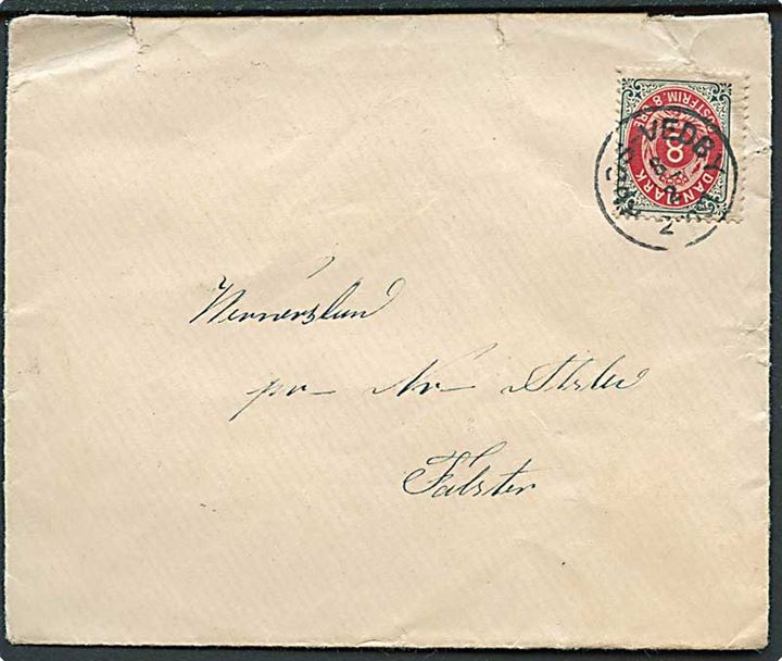 8 øre tofarvet på brev annulleret med lapidarstempel Ruds-Vedby d. 8.2.1897 til Nørre Alslev.