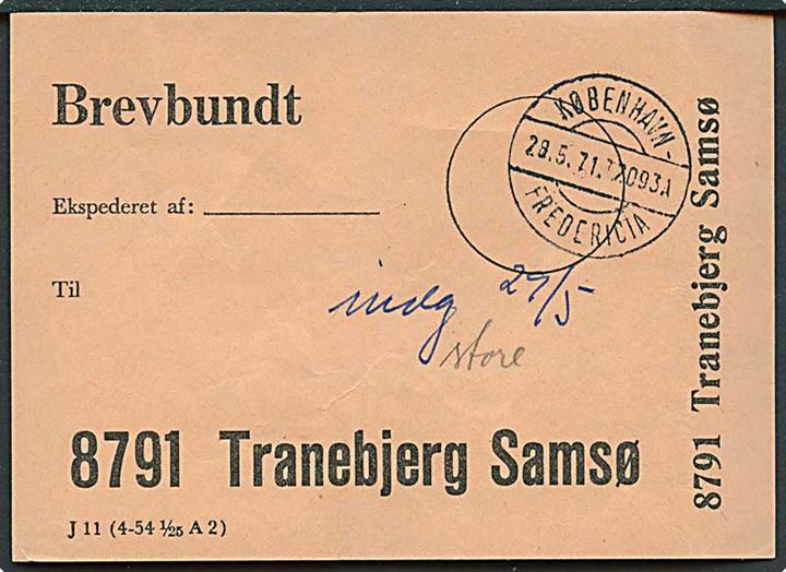 Brevbundt vignet med bureaustempel København - Fredericia T. 2093A d. 28.5.1971 til Tranebjerg Samsø.