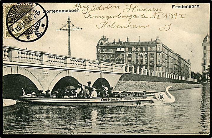 Fredensbro over Sortedamssøen med rutebåd. E. H. Lorenzen & Co. no. 4. Kvalitet 8