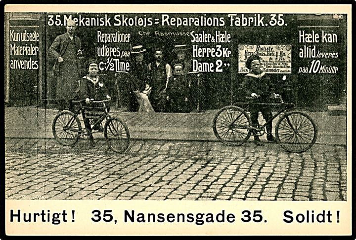 Nansensgade 35, Mekanisk Skotøjs-Reparations Fabrik. Reklamekort u/no. Kvalitet 8