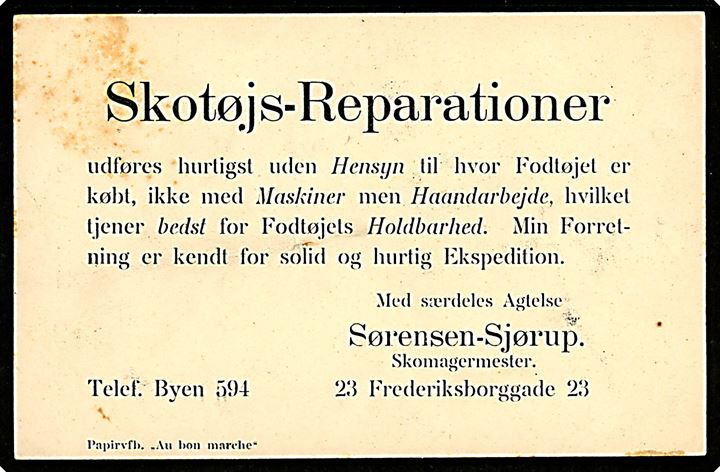Frederiksborggade 23, Sørensen-Sjørup Skotøjs-Reparationer. Reklamekort uden adresselinier.  Kvalitet 7