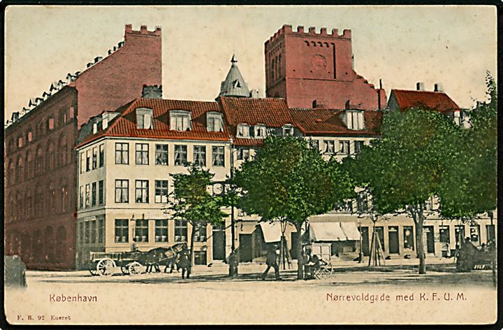 Nørre Voldgade med KFUM bygning i baggrunden. Fritz Benzen no. 92. Kvalitet 7