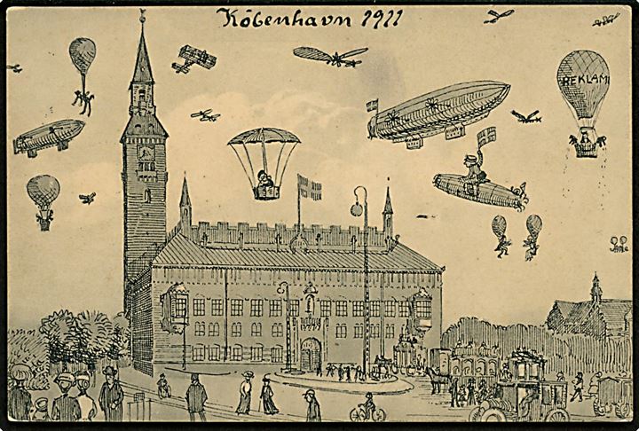 Københavns Raadhus. Tegnet kort med “Köbenhavn 1911” med fly, luftskibe og balloner. Løvendahl no. 112. Kvalitet 7