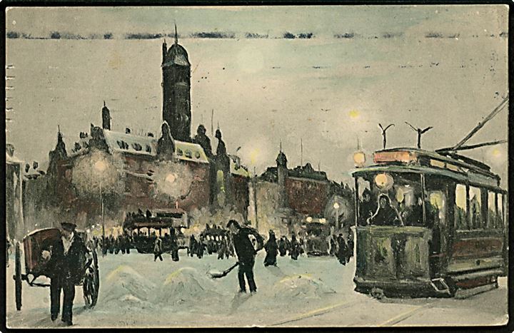 Raadhuspladsen med sporvogne i sne. Tegnet kort. A. Vincent no. 23. Kvalitet 7