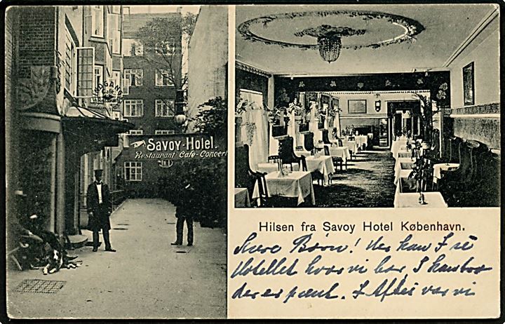 Vesterbrogade 34 Savoy Hotel, “Hilsen fra” med indgang og restaurant. K.C.M. no. 4221. Kvalitet 7