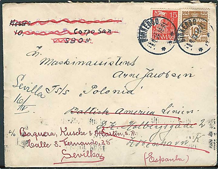 10 øre Bølgelinie og 15 øre Karavel på brev fra Birkerød d. 5.4.1933 til sømand ombord på S/S Polonia via Baltisk Amerika Linie i København - eftersendt til Lissabon og siden Sevilla, Spanien.