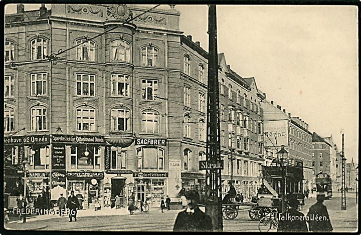 Falkoner Alle 57-59 med bl.a. Frederiksberg Postkort Lager og sporvogn. Stenders no. 9274. Kvalitet 8
