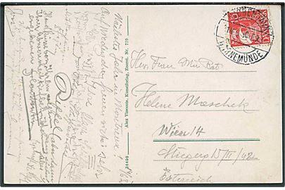 15 øre Karavel på brevkort (Parti fra Københavns havn) annulleret med bureaustempel Kjøbenhavn - Warnemünde T.93 d. 14.5.1930 til Wien, Østrig.