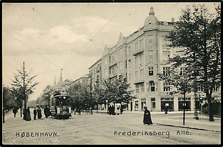 Frederiksberg Alle hj. Alhambravej med sporvogn linie 1. Stenders no. 10793. Kvalitet 8