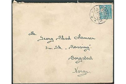 25 øre Karavel single på brev fra Svendborg d. 4.4.1928 til sømand ombord på 3-mastet skonnert Rassing i Borgstad, Norge.