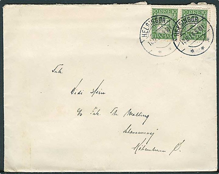 10 øre Chr. IV og 10 øre Chr. X Postjubilæum i sammentryk på brev fra Helsingør d. 10.12.1924 til København.