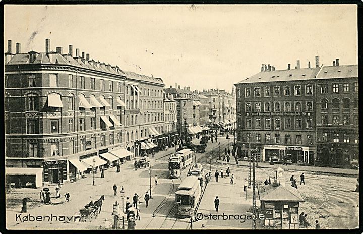 Østerbrogade ved Trianglen med Edvard Baatrup’s boghandel og sporvogne. Stenders no. 6082. Kvalitet 8
