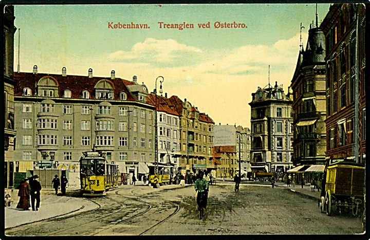 Østerbrogade ved Trianglen med sporvogn linie 4 vogn 538. W. & Co. no. 42 med Dania Margarine reklame. Kvalitet 8