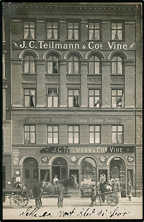Blegdamsvej 138 J. C. Teilmann & Co. Vinhandel og Damefrisør Henriette Randrup’s Eftf. Fotokort u/no. Kvalitet 8