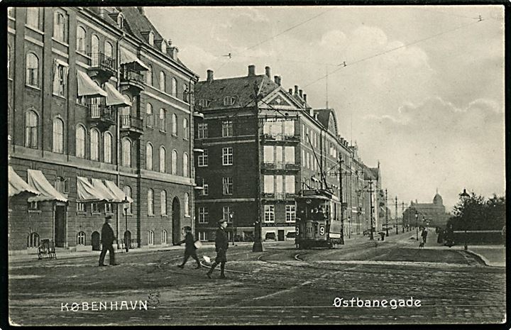 Østbanegade hj. Bergensgade med sporvogn linie 9 vogn 511. Stenders no. 3150 Kvalitet 7