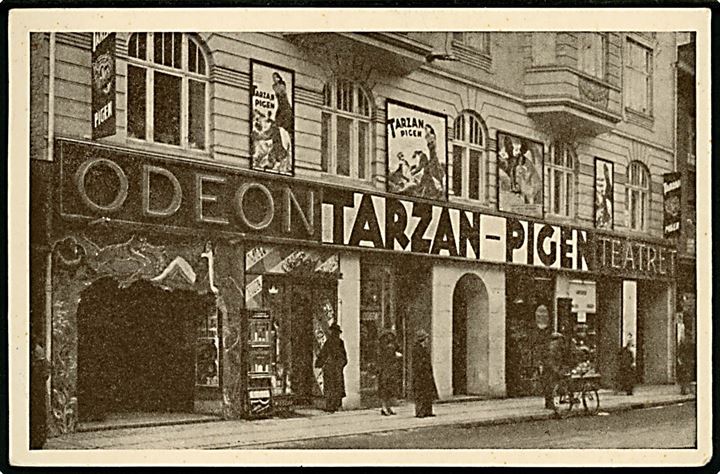 Fælledvej 6 Odeon Teatret forestilling “Tarzan-Pigen”. Reklamekort E-T u/no. Særtempel 1938. Kvalitet 8