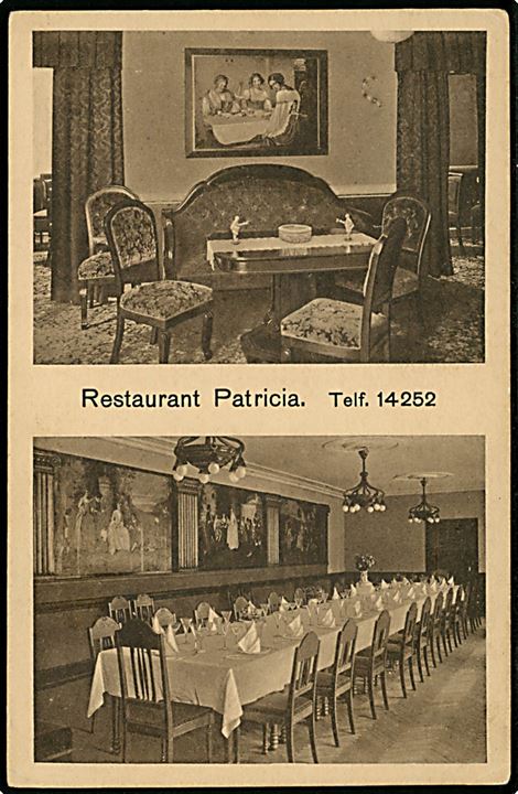 Fælledvej 4 Café “Patricia”. Reklamekort med tiltryk. J. Lyngbye no. 1450/1. Kvalitet 8