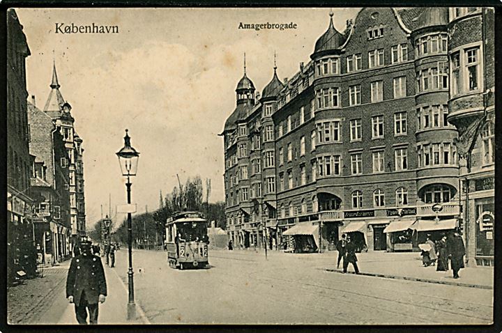 Amagerbrogade ved Holmbladsgade med sporvogn linie 2 vogn 199. Budtz Möller & Co. no. 642. Kvalitet 7