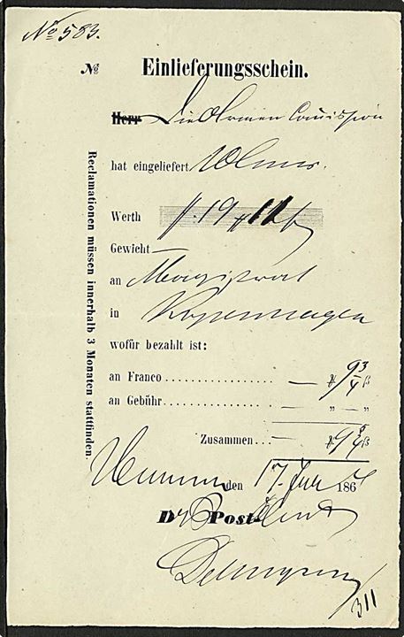 1864. Einlieferungsschein fra Husum d. 17.6.1864 for værdiforsendelse til København.