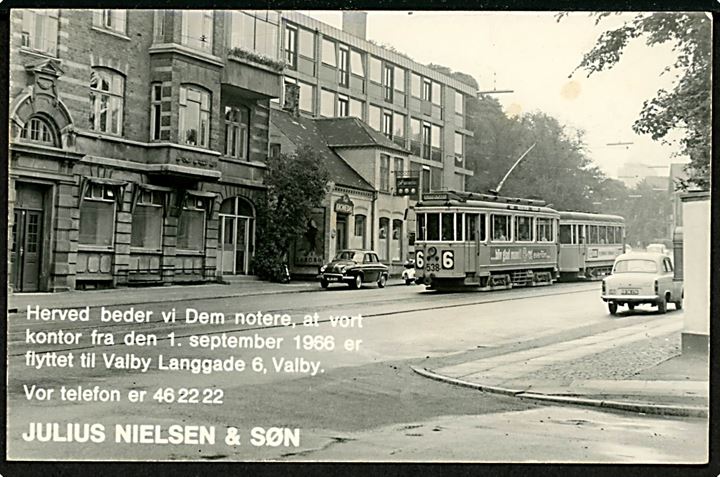 Valby Langgade 6 med sporvogn linie 6 vogn 538. Flyttekort fra firma Julius Nielsen & Søn. U/no. Kvalitet 8