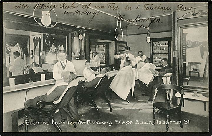 Taastrup, interiør fra Johannes Lorentzen’s barber- og frisør salon. C. Nielsen no. 6649. Kvalitet 8