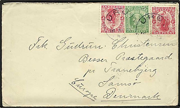 2½d frankeret brev fra Uruti d. 16.8.1913 til Besser Præstegaard pr. Tranebjerg, Samsø, Danmark.
