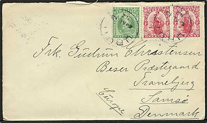 2½d frankeret brev fra Uruti d. 4.8.1913 til Besser Præstegaard pr. Tranebjerg, Samsø, Danmark.