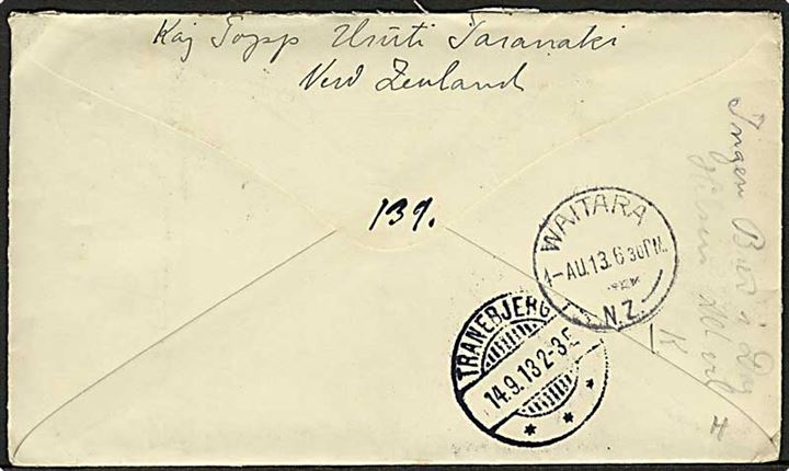 2½d frankeret brev fra Uruti d. 4.8.1913 til Besser Præstegaard pr. Tranebjerg, Samsø, Danmark.
