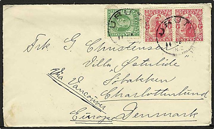 2½d frankeret brev fra Uruti d. 11.3.1913 til Charlottenlund, Danmark. Påskrevet: via Vancouver.